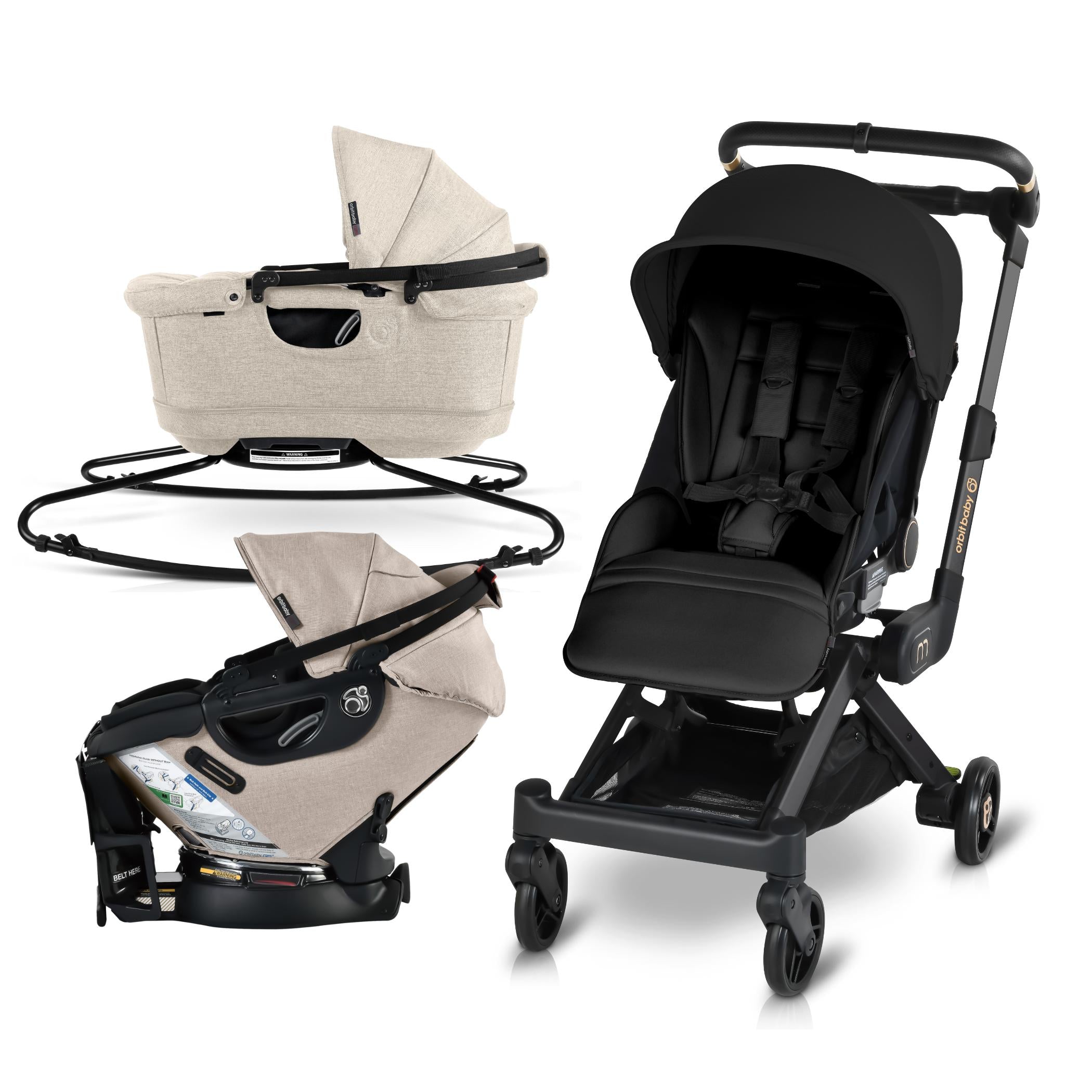 car seat for gb pockit stroller Orbit Baby M+ Stroll, Lounge, & Ride Travel System Black Luxe / Black / Mélange Flax