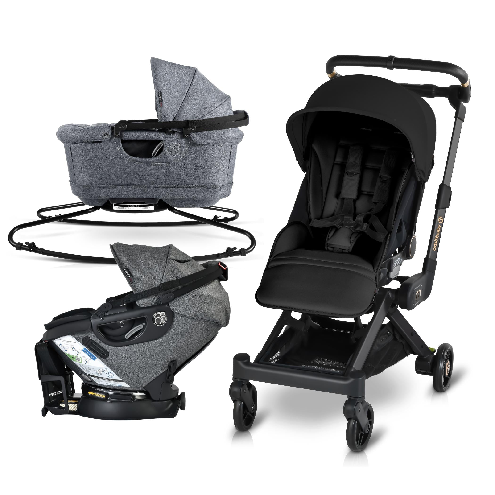 pockit stroller car seat Orbit Baby M+ Stroll, Lounge, & Ride Travel System Black Luxe / Black / Mélange Grey