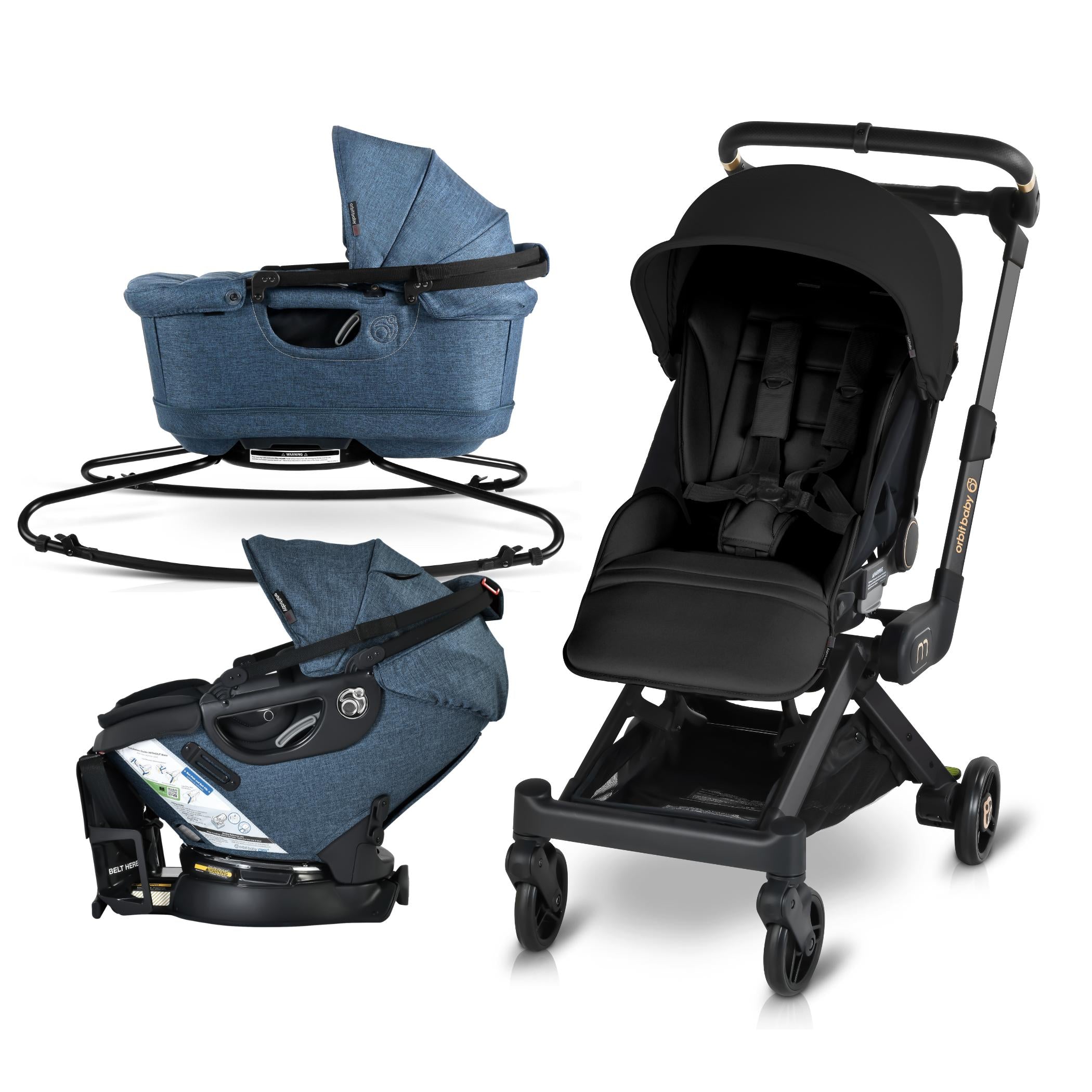 convertible infant car seat/compact stroller system Orbit Baby M+ Stroll, Lounge, & Ride Travel System Black Luxe / Black / Mélange Navy