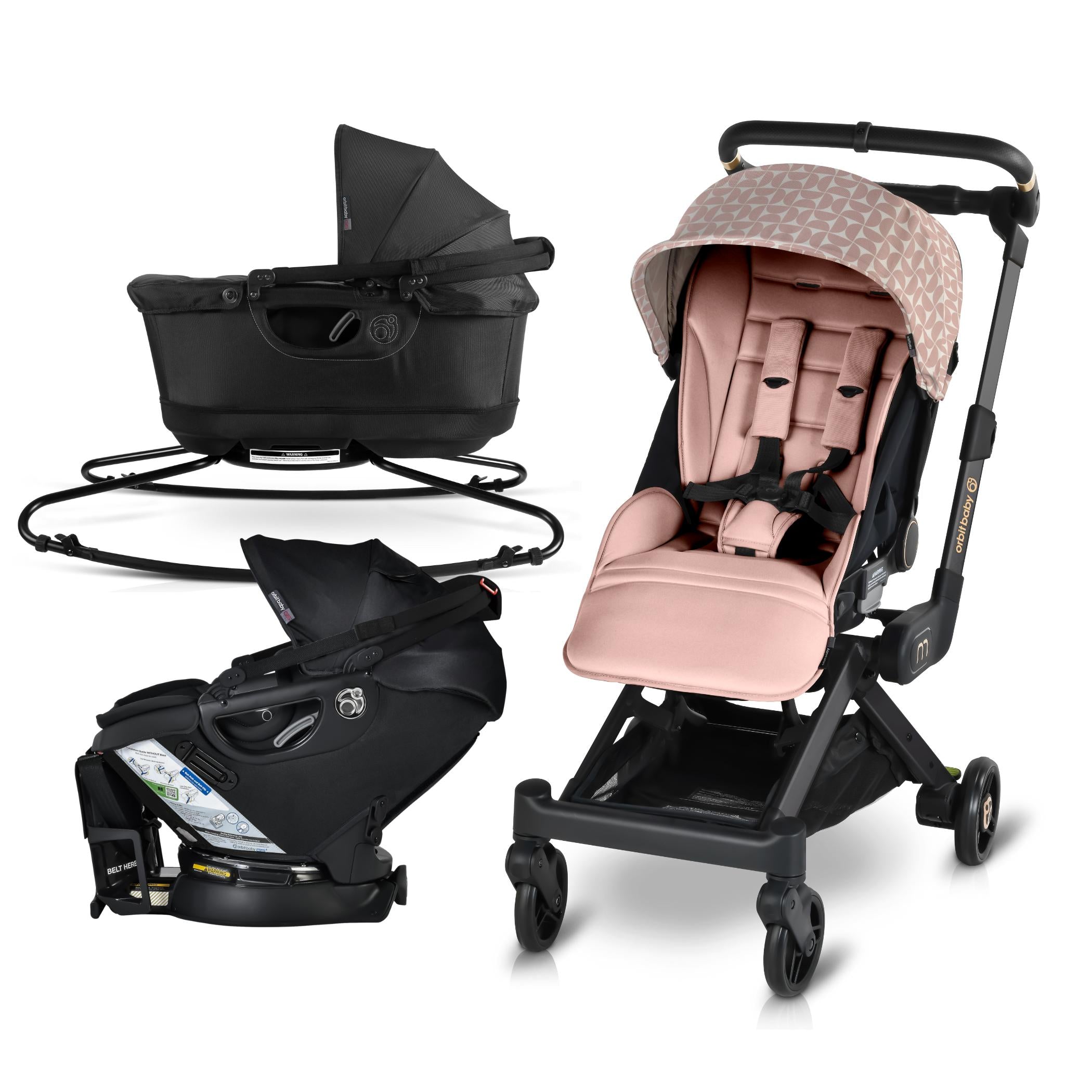 black and pink stroller travel system Orbit Baby M+ Stroll, Lounge, & Ride Travel System