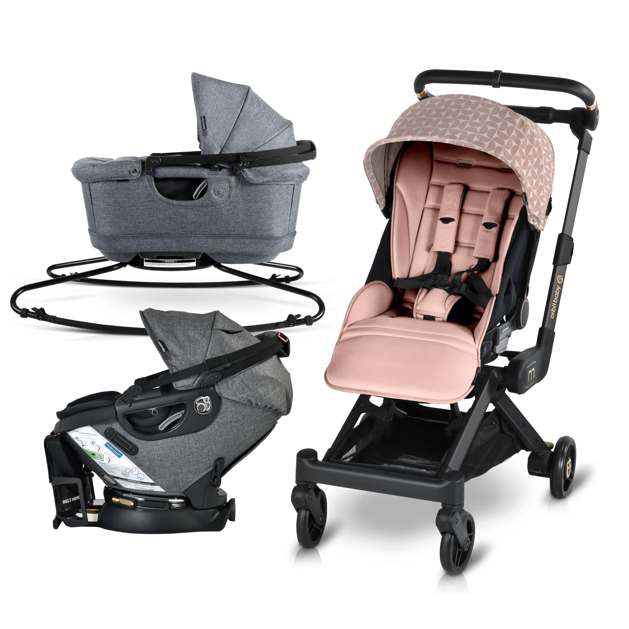 stroller set for baby Orbit Baby M+ Stroll, Lounge, & Ride Travel System Black Luxe / Blush Mod Mosaic / Mélange Grey