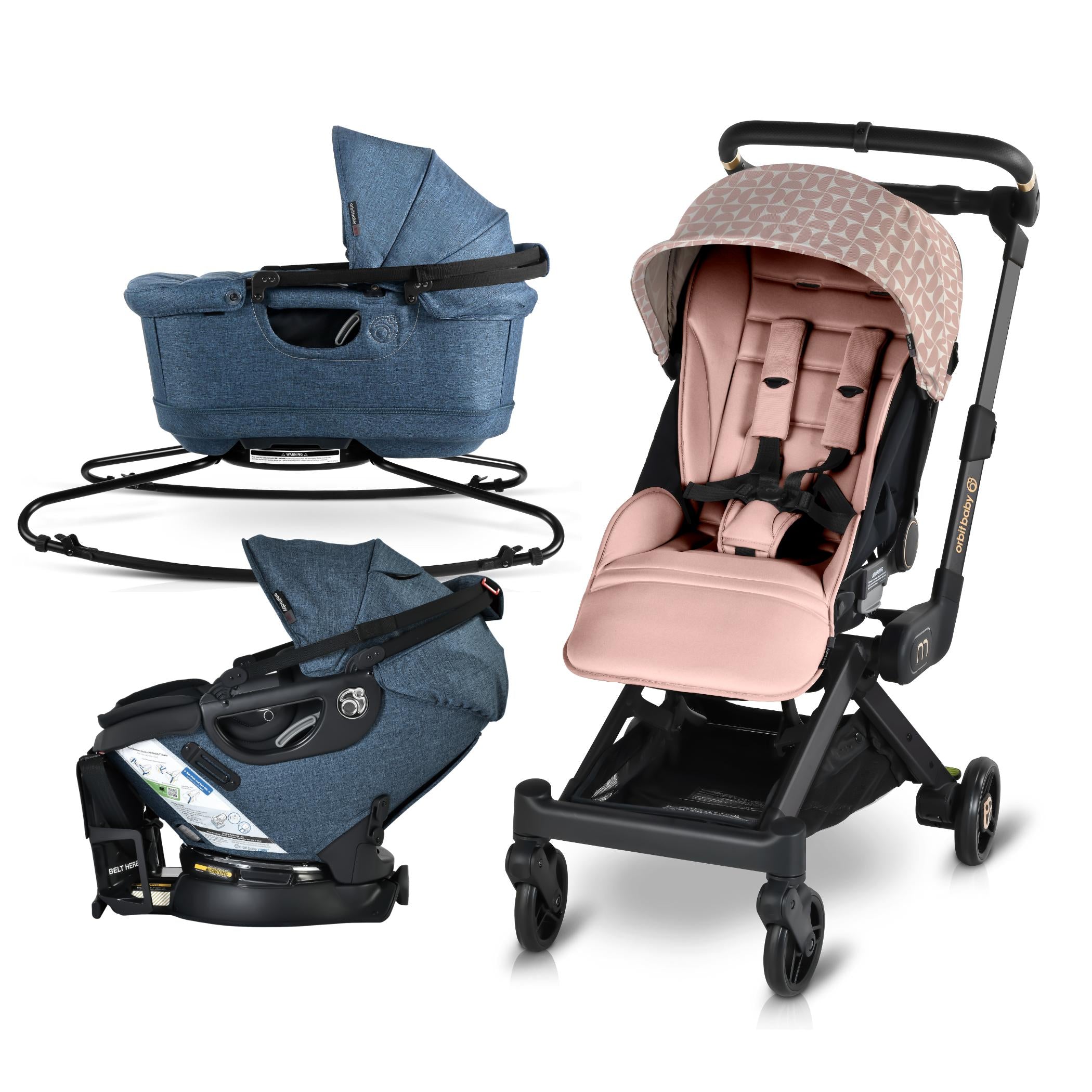 travel stroller set Orbit Baby M+ Stroll, Lounge, & Ride Travel System Black Luxe / Blush Mod Mosaic / Mélange Navy